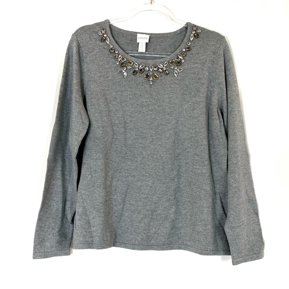 Chico's | Sweater Womens Large Gray Rhinestone Neckline Cotton Blend Chicos 2